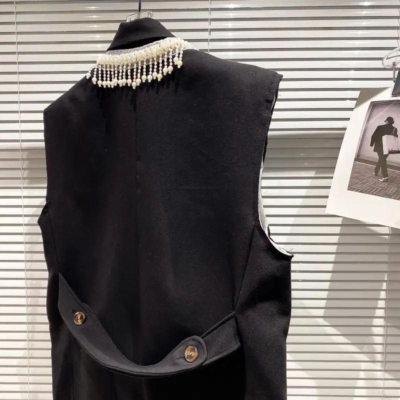 

2021 Spring New Office Lady Waistcoat British Style Pearl Bead Stitching Shirt Edge Suit Vest Women's Outer Wear Patchwork Coats