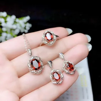 KOFSAC New Women 925 Sterling Silver Necklace Set Jewelry Elegant Red Crystal Flower Rose Gold Earrings Ring Lady Wedding Gifts