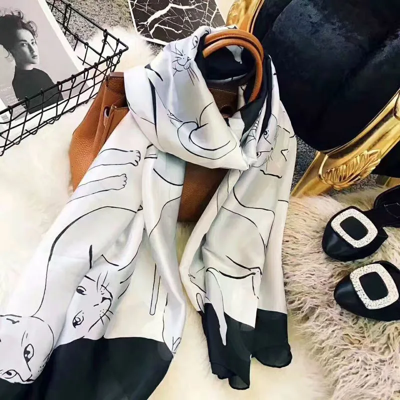 2019 женский шарф модный мягкий принт с милой кошкой шелковые шарфы длинный платок