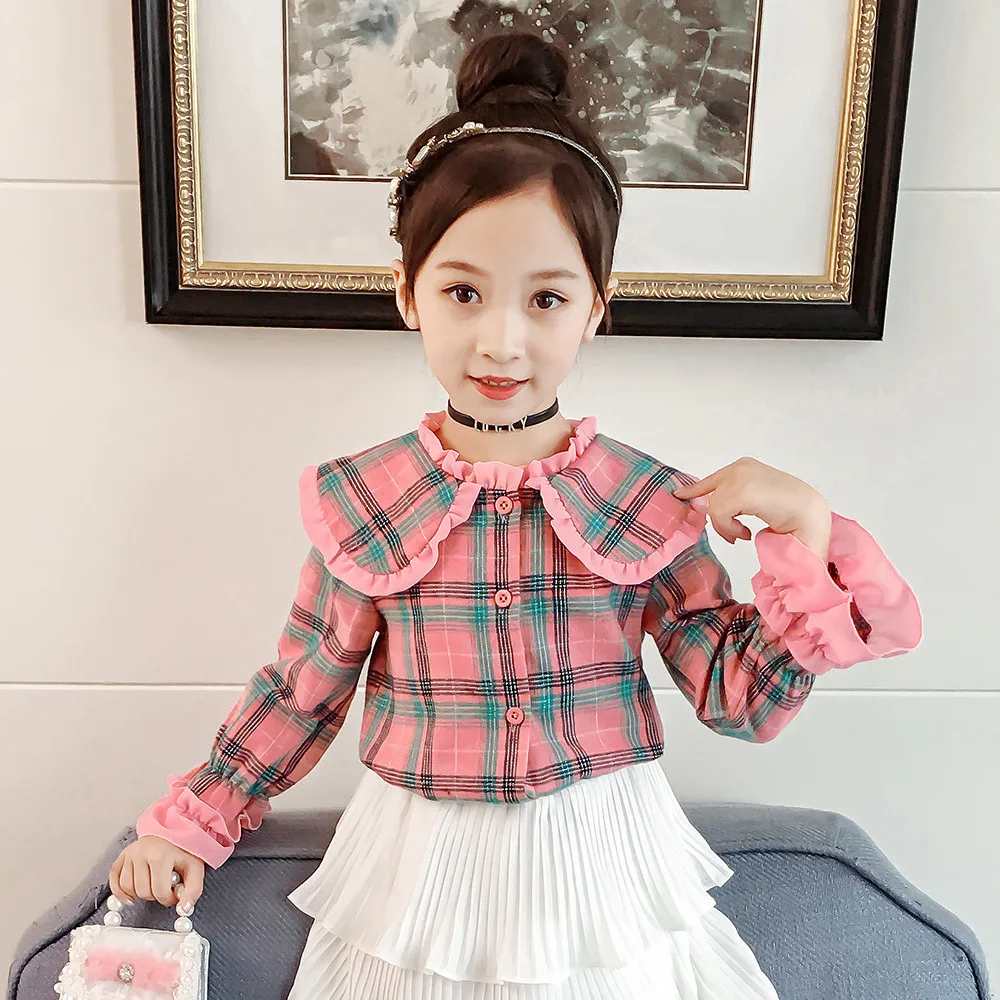 

Girl's Shirt Fall Korean Lace Doll Collar Pink Checker Shirt Children's Clothing 3-7 years 19037