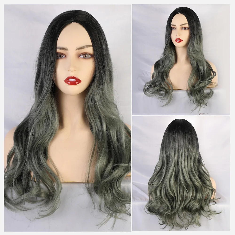 Парики из искусственных волос без шапочки основы длиный волнистый зеленый парик