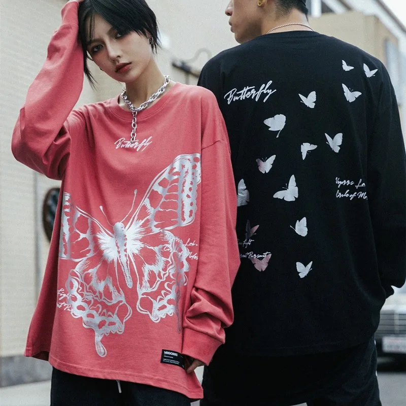 

Harajuku Butterfly Graphic Print Long Sleeve Tees Shirts Women Men Hip Hop Casual Loose Tshirts Streetwear Fashion Cotton Tops