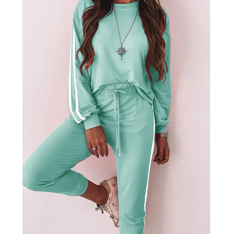 

Stretchy 2 Two Piece Set Women Tracksuit Fitness Jogging Sweat Suits Side Stripes Pullover Top +Pants Sport Femme Loungwear