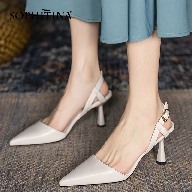 

SOPHITINA Women Slippers Fashion Genuine Leather Handmade Slippers Pointed Toe Back Strap Thin Heels Casual Lady Shoes DO425