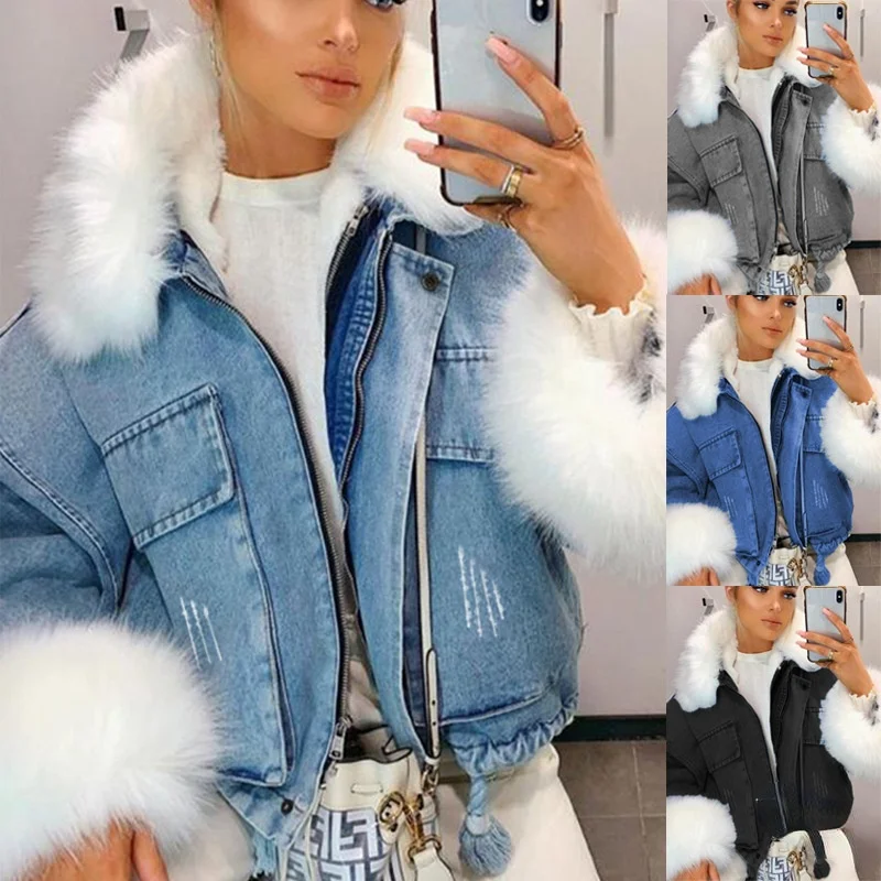 

2021 denim jacket women's fashion winter thick Lapel denim coat loose wool collar long sleeve warm short coat casual top