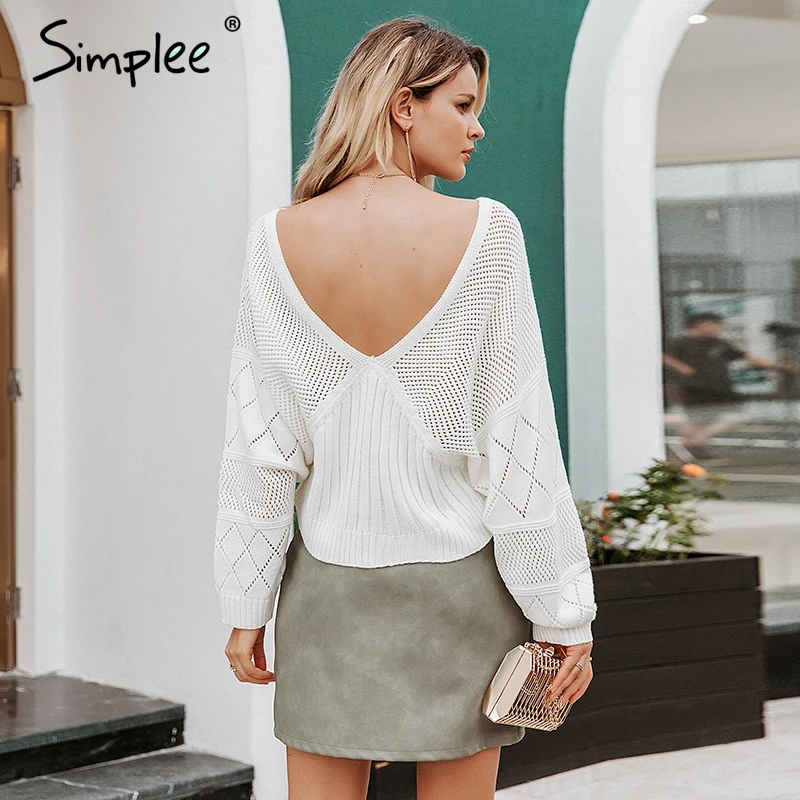 Простой вязаный свитер с v-образным вырезом Женский Повседневный Свободный