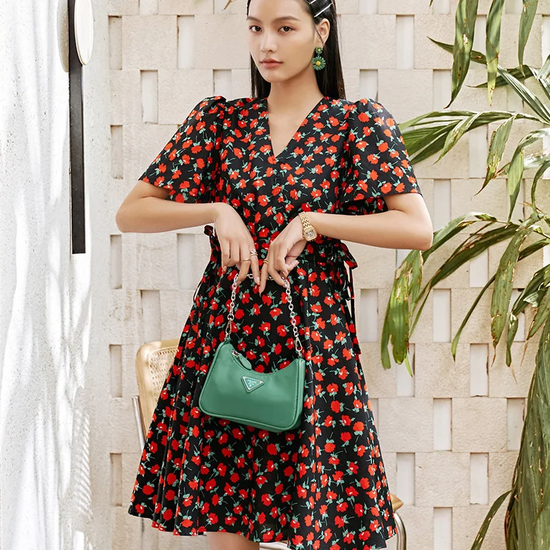 

LANMREM Women Printing Draw String Dress V-Neck Short Sleeve Loose Fit Female Fashion Tide Summer 2021 New Arrivals 2E1708