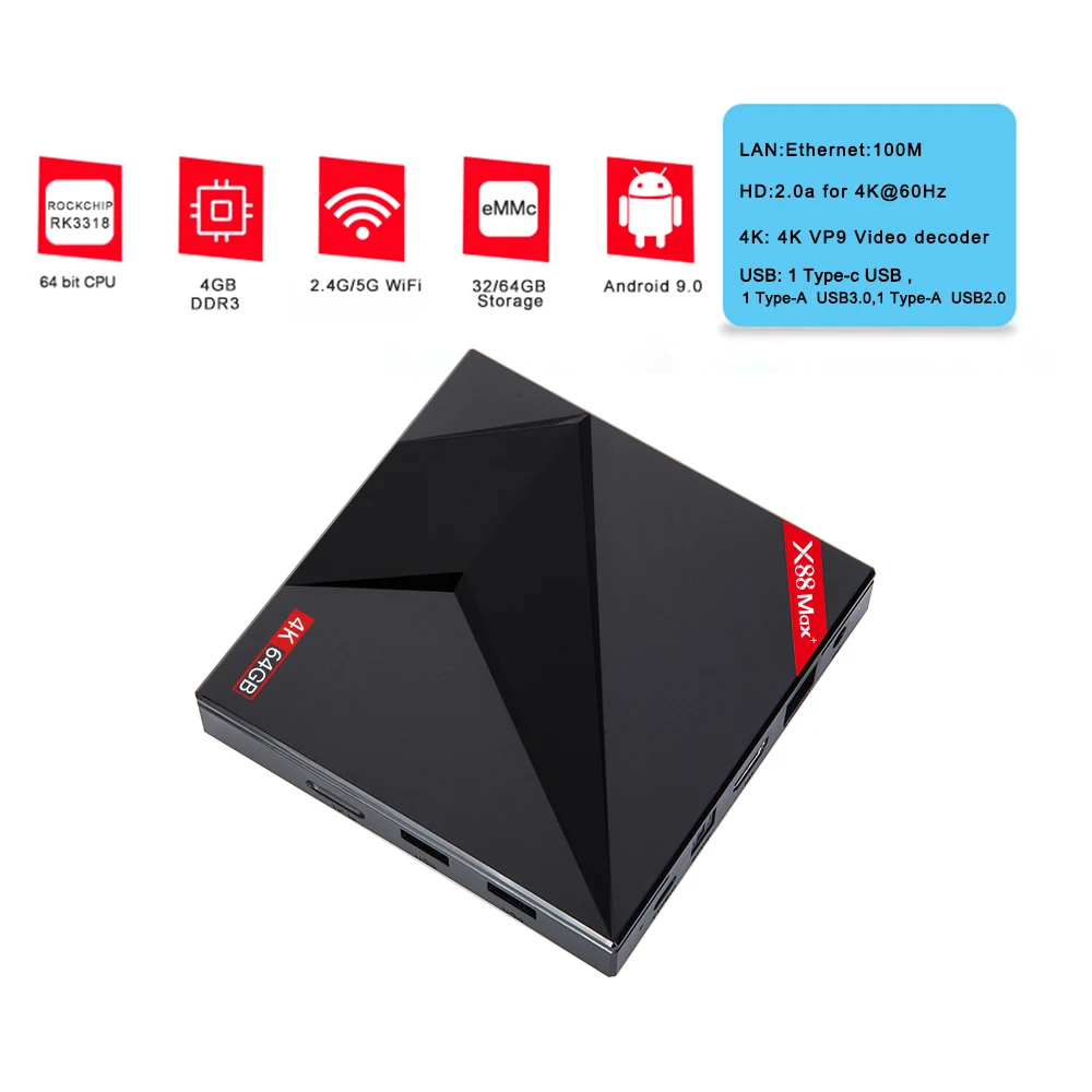 ТВ-приставка X88 MAX PLUS с Android 9 0 4 Гб ОЗУ 64 ПЗУ четырехъядерный процессор RK3318 2 и 5 ГГц