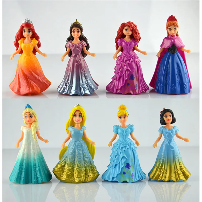 Disney 8pcs/set Magic Clip Dolls Dress Magiclip Princess Figurines Statue Snow White Elsa Anna PVC Action Figures Kids Best Toys