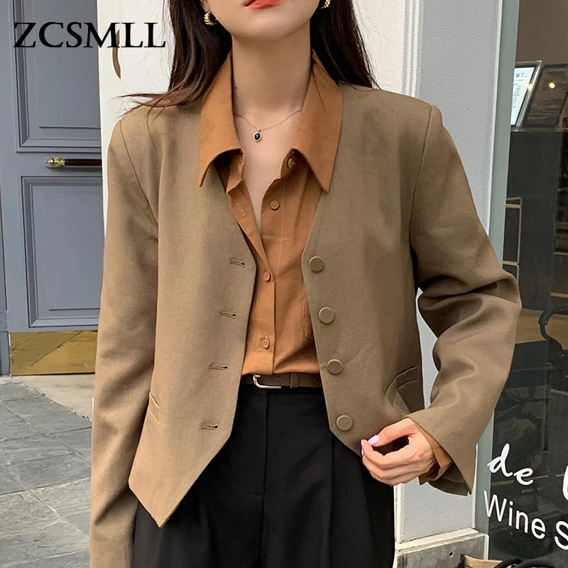 

Универсальный однобортный Свободный кардиган ZCSMLL, повседневный короткий жакет с V-образным вырезом и длинными рукавами, корейский однотонн...