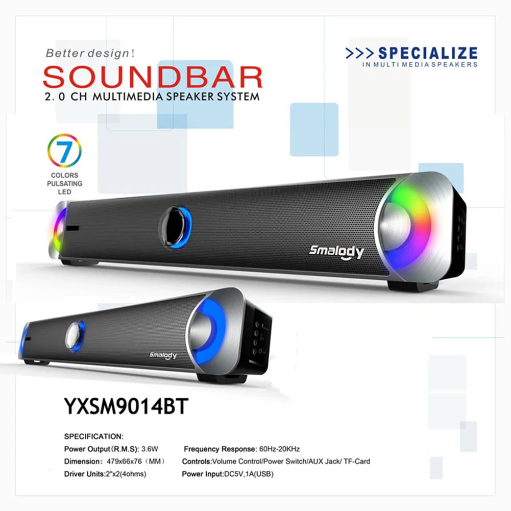 

9014 LED Wireless Bluetooth-compatible Super Bass Speaker Stereo HiFi Audio 10W Soundbar Black Multi Media Speaker TF Card MP3