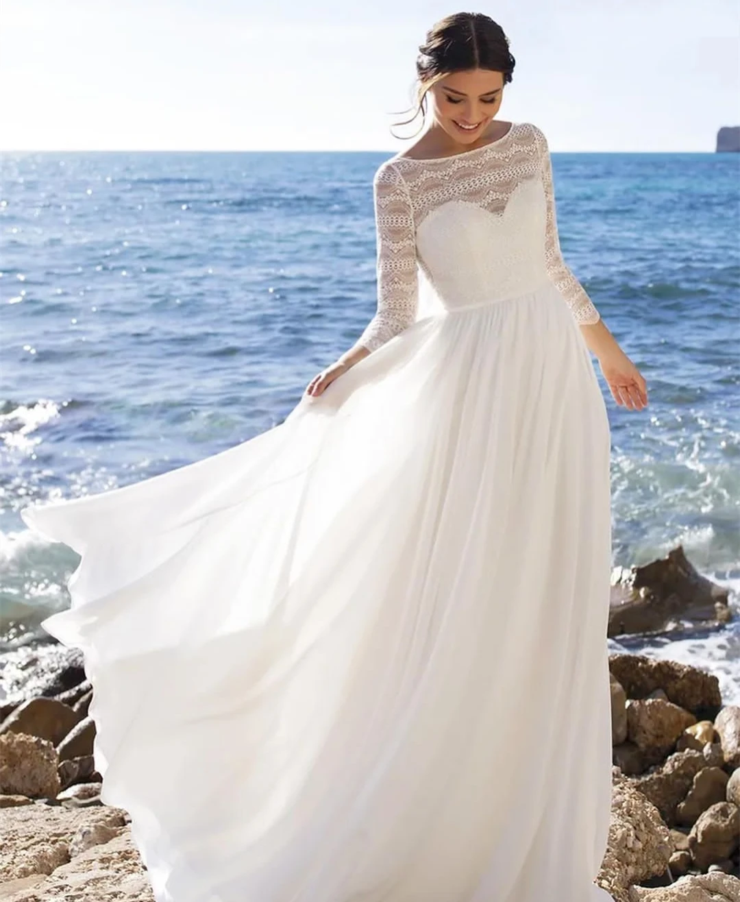 

Bohemian A-Line Wedding Dress 2021 O-Neck 3/4 Sleeve Lace Embroidery Bow Backless Sweep Train Bride Gown Beach Vestidos De Noiva