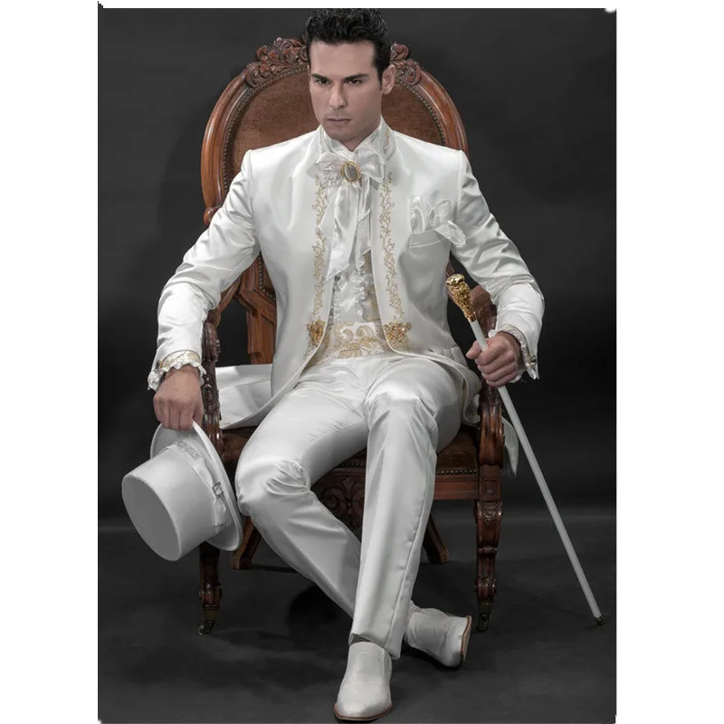 

Classic Style Golden Embroidery Groom Tuxedos White Groomsmen Men's Wedding Prom Suits Blazer With Pants (Jacket+Pants+Vest)