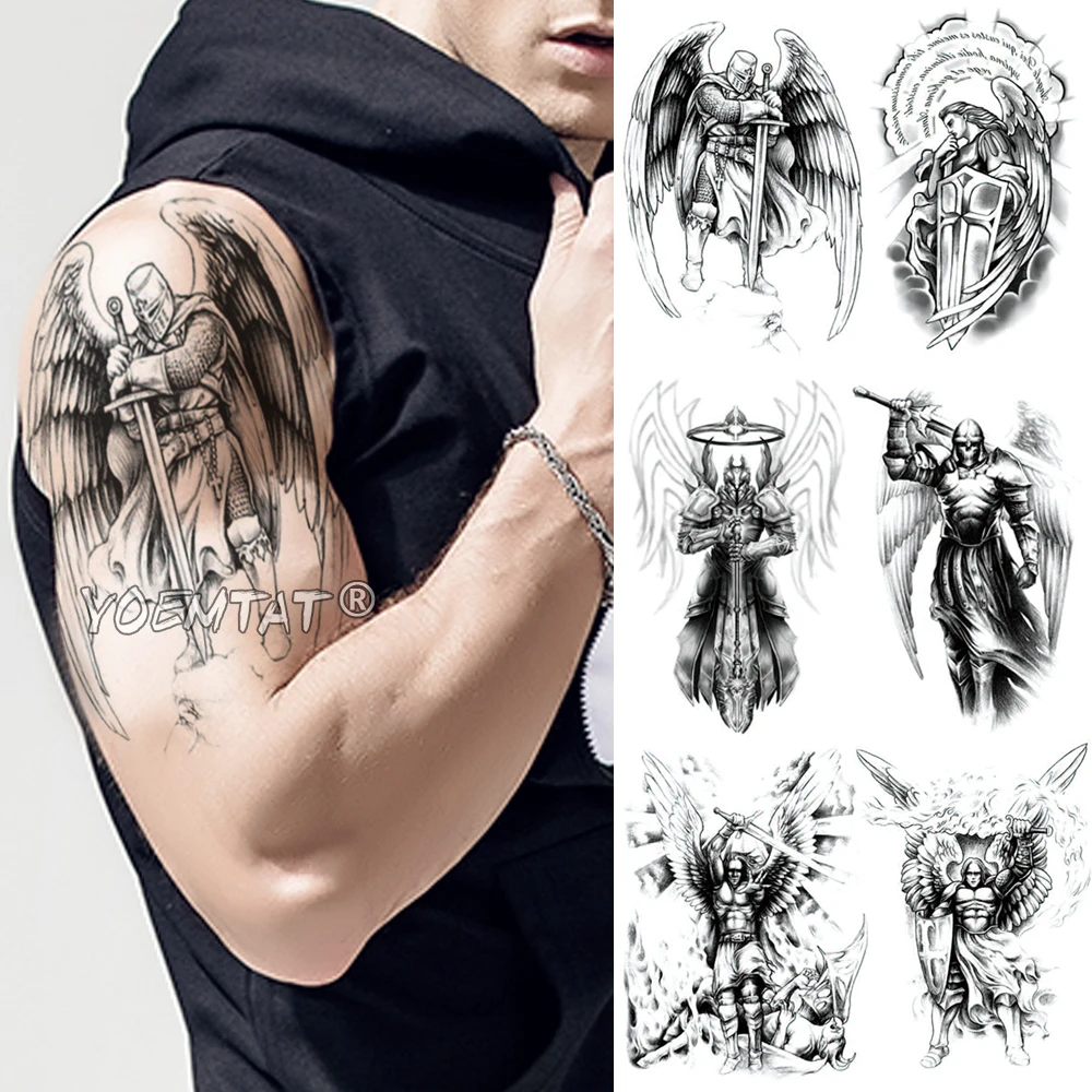 

Crusader Knights Samurai Warrior Temporary Tattoo Sticker Ares Waterproof Tatto Hero Wings Body Art Arm Fake Tatoo Men Women
