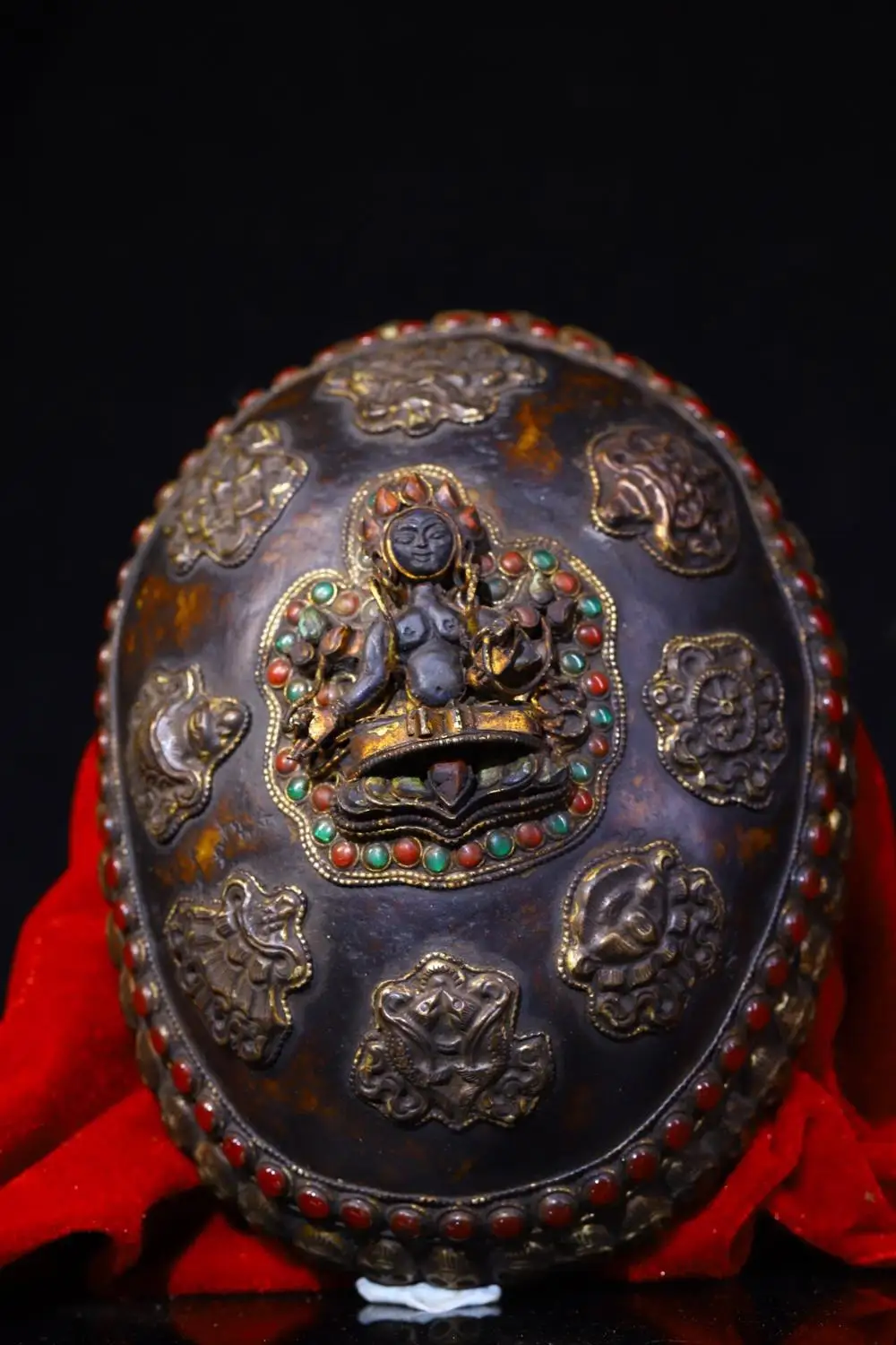 

Tibet Buddhism Temple bronze Gem Natural lapis lazuli Green Tara Buddha Statue Eight treasures skull Bowl Kapala Cup Gabala Bowl