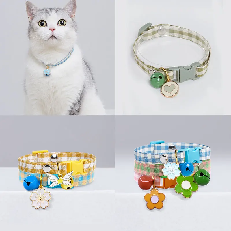

Cute Adjustable Cats Collar with Bell Japanese Style Breakaway Plaid Pet Kitten Collar With Pendant Wing Planet Heart Flower New