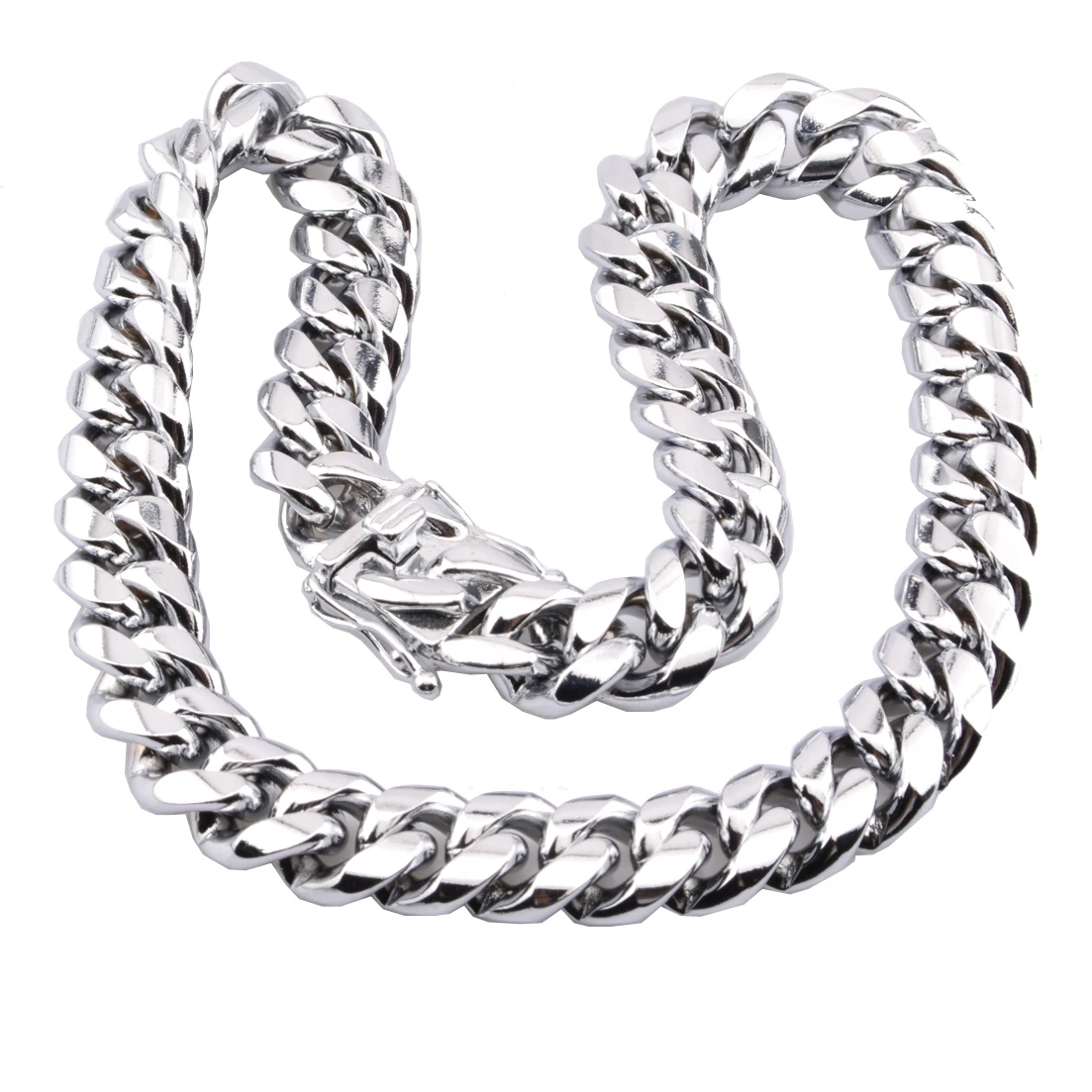 

8mm-18mm Stainless Steel Curb Cuban Miami Chain Necklace Boys Mens Fashion Jewelry Dragon Clasp Link Silver Color Necklace