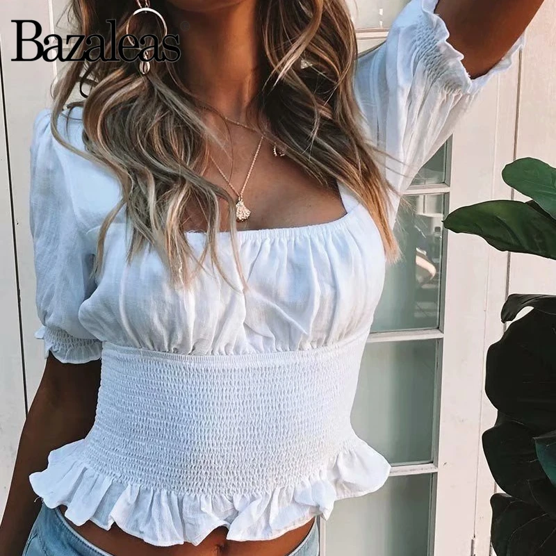 Bazaleas шикарные оборки blusas mujer de moda 2019 винтажная эластичная талия белый шифон