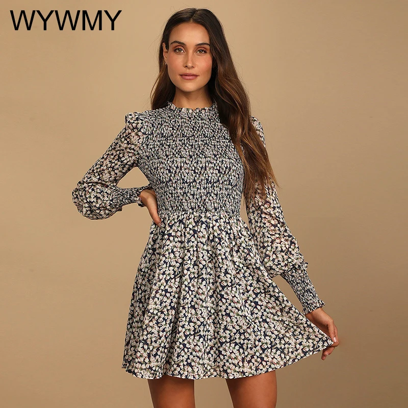 

WYWMY Vintage Floral Print Dresses For Women Spring Autumn Chiffon Dress Female Long Sleeve Elegant Mini Dress Summer Vestidos