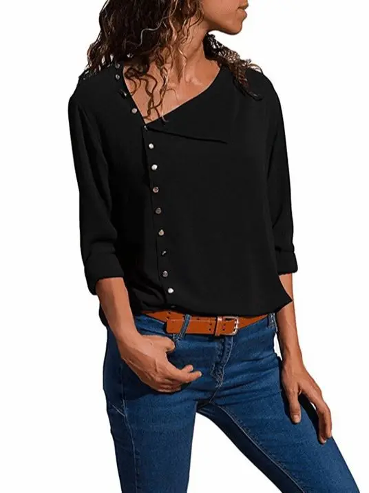 

Hot style fashion nine color button irregular diagonal collar long sleeve blouse blouse