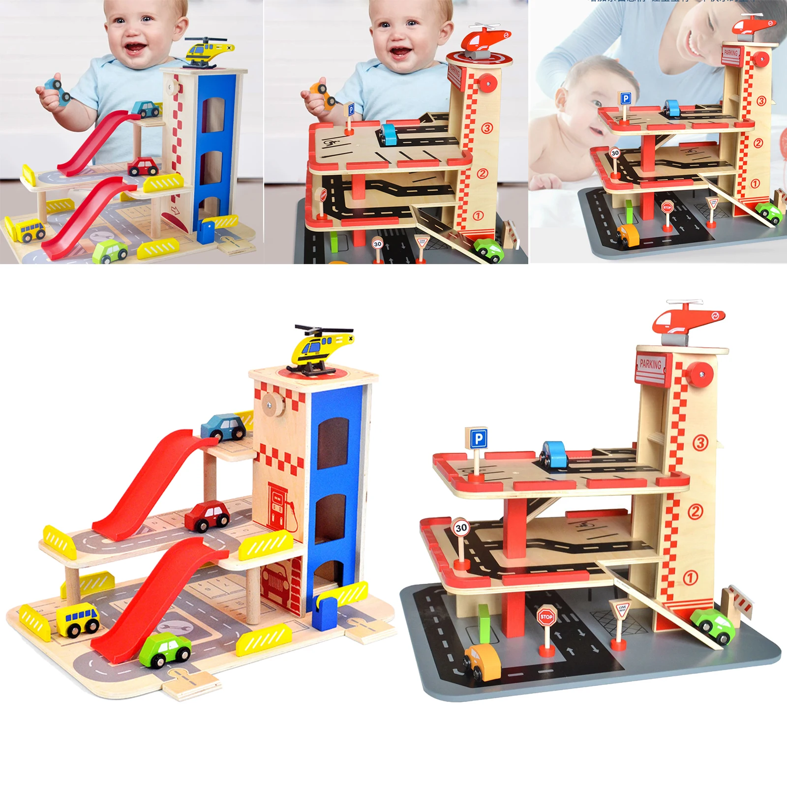 

Wood Large 3 Layers Track Car Toys Assembled Educational Toys Pretend Hand-eye Coordination for Children