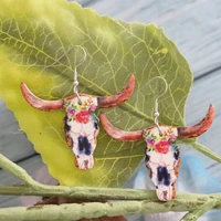 african tribe horn pendent gothic cow skull dreamcatcher rose bull head pattern faux leather teardrop dangle earrings for women