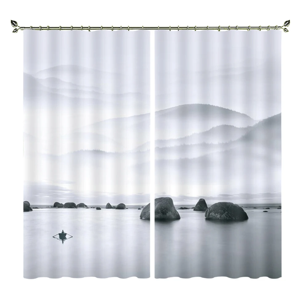 

Black And White Series Of High-quality Black Silk Material Blackout Curtains For Mountains And Rivers Suitable For Bedroom