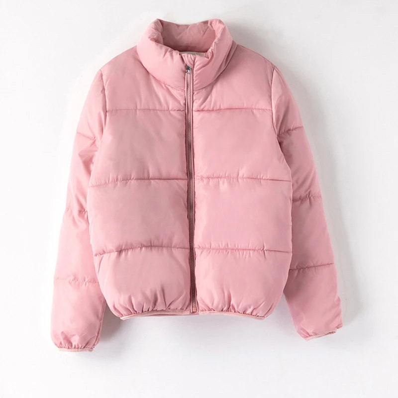 Pink MoneRffi, зимнее женское хлопковое пальто, пальто, куртки, повседневное, на молнии, стоячий воротник, однотонная короткая верхняя одежда, женские парки, Mujer - Цвет: Pink
