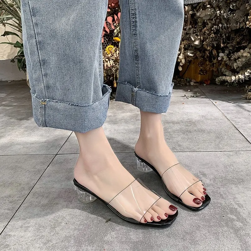

Flat Shoes Female Womens Slippers Outdoor Transparent Heel Glitter Slides Square heel Low Fashion Heeled Mules Pantofle Summer J
