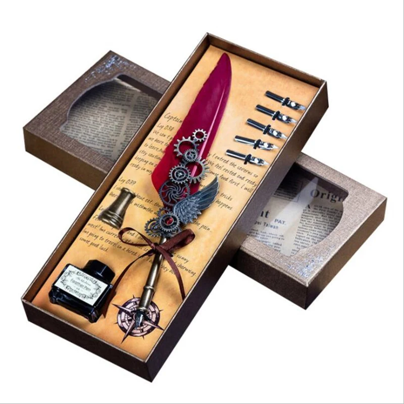 

English Calligrap Feather Pen Set Vintage Advertising Gift ink Pen Dip Water Metal Fountain Pen Set Birthday Gift Box 5 Nibs