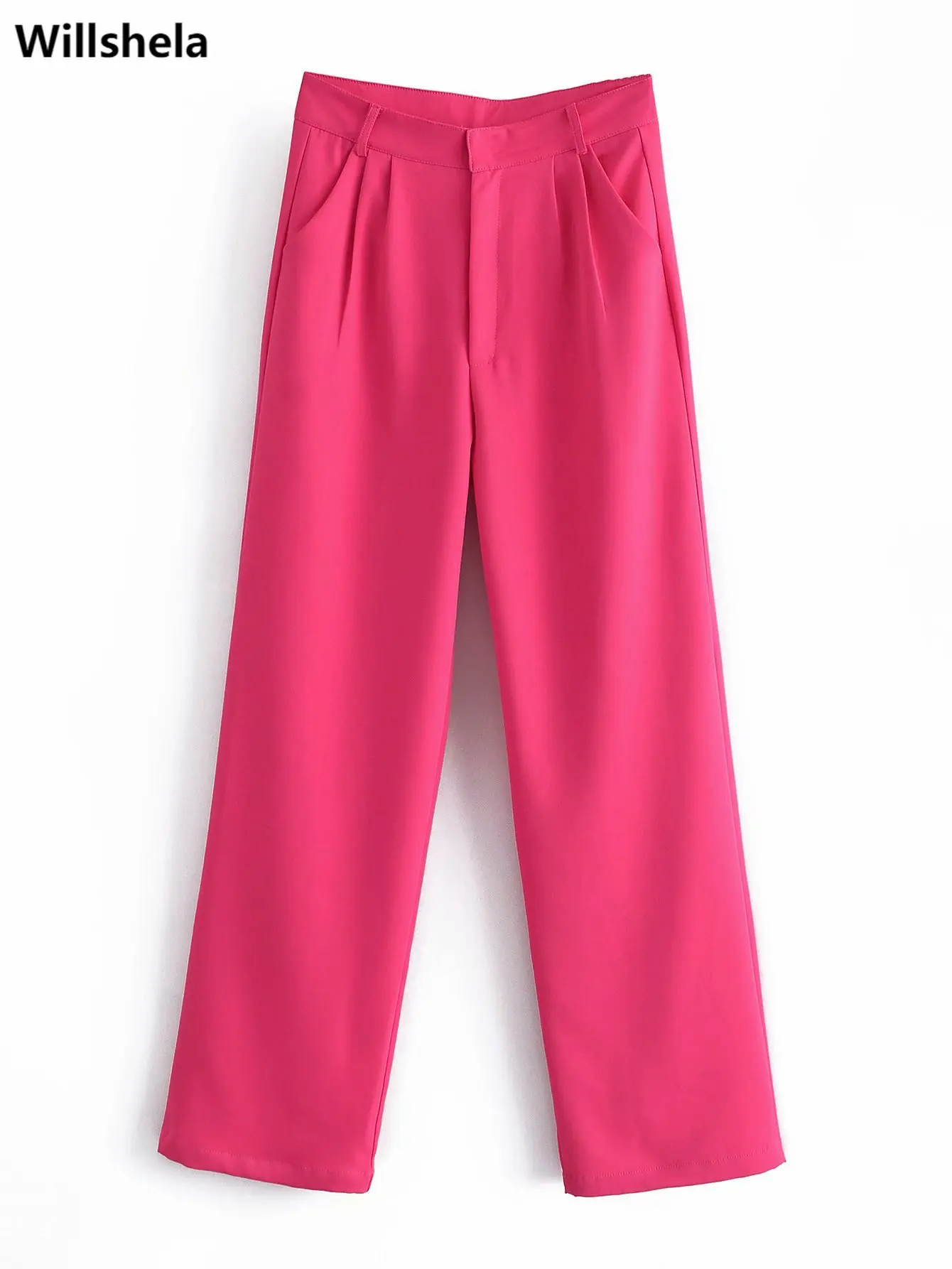 

Женские брюки с высокой талией Willshela, розово-красные, с широкими штанинами, для офиса, повседневные