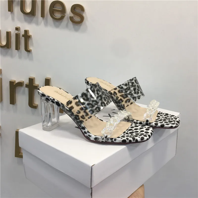 

Woman's Leopard Print Transparent Crystal Mules Slippers Silver Chain Block High Heels Slip On Sandals Shoes Brands Luxury 2021