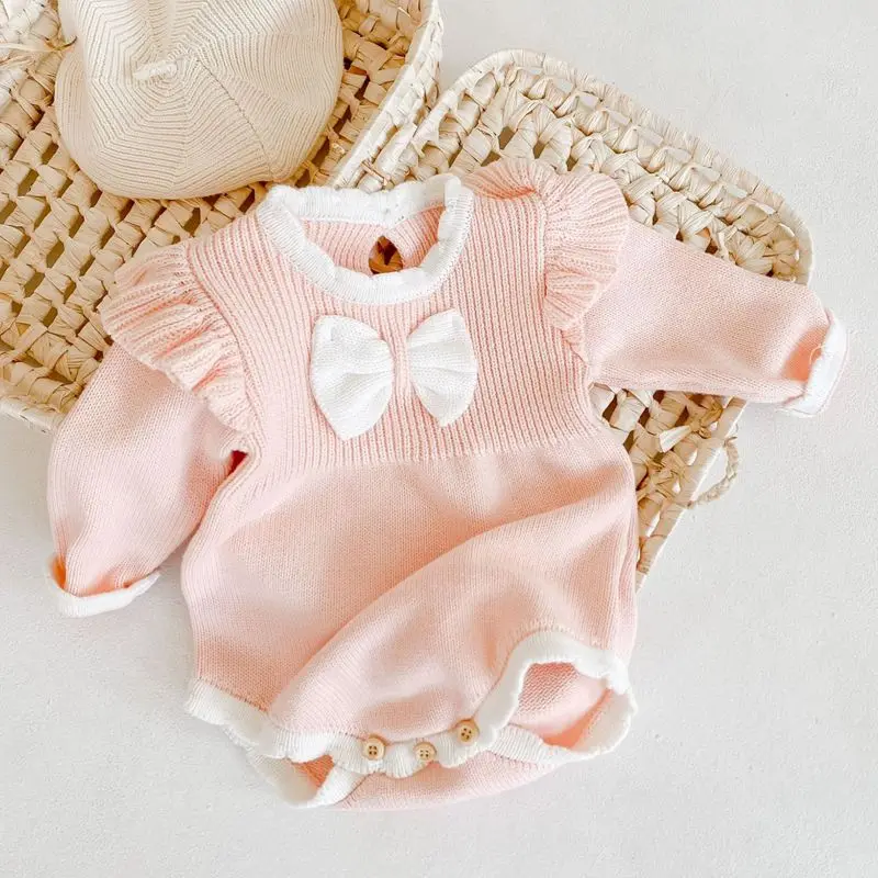 

2020 Newborn Baby Girls Knitted Romper Baby Clothes Cotton Baby Rompers Bowknot Infant Baby Girls Jumpsuit