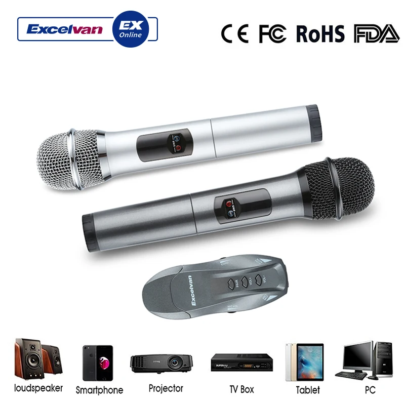 Excelvan профессиональный Bluetooth микрофон два беспроводных ручных микрофона 1 приемник комплект AUX линейный компьютер KTV MIC 10 CH
