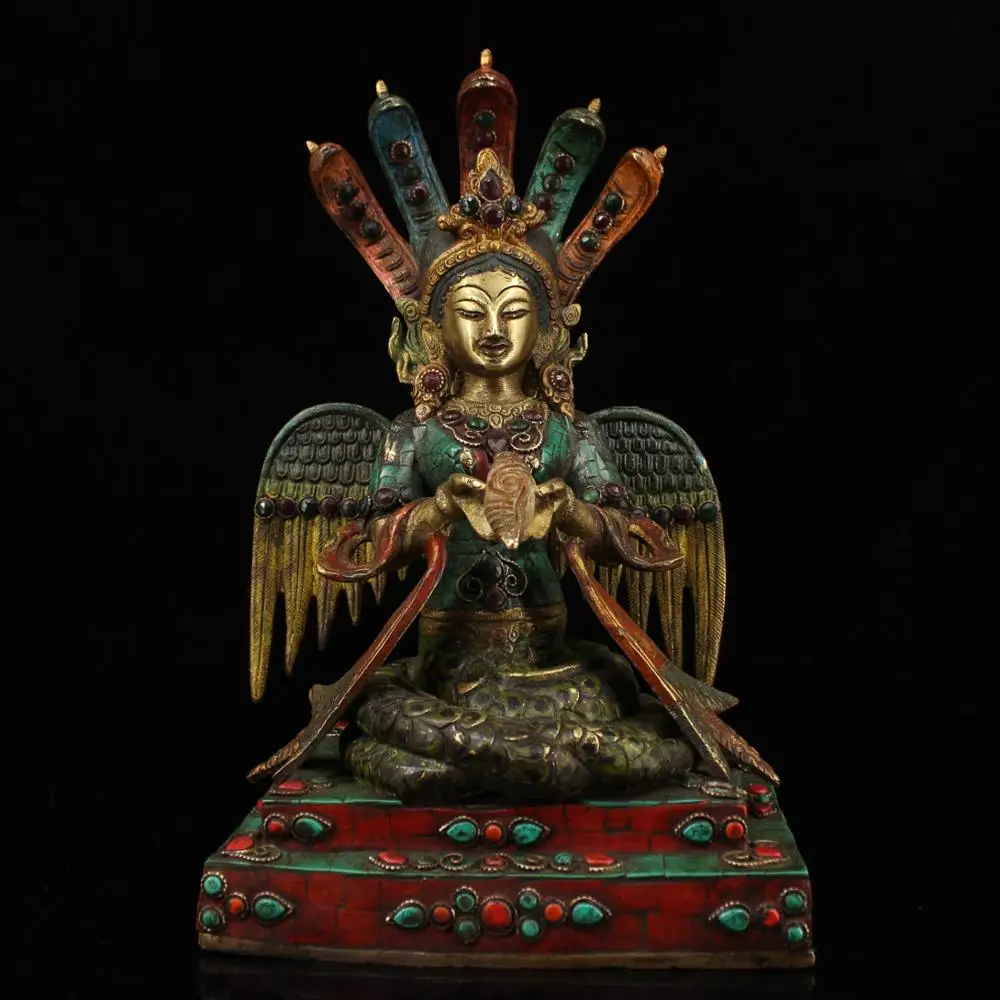 

wedding decoration Nepalese monastery collects old pure copper hand-made inlaid gemstones painted gold dragon tree Buddha statue