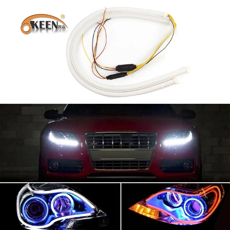 

OKEEN 2PCS Car DRL Led Daytime Running Light Sequential Flowing Flexible Tube Strip 60CM Headlight Turn Signal Lamp Styling