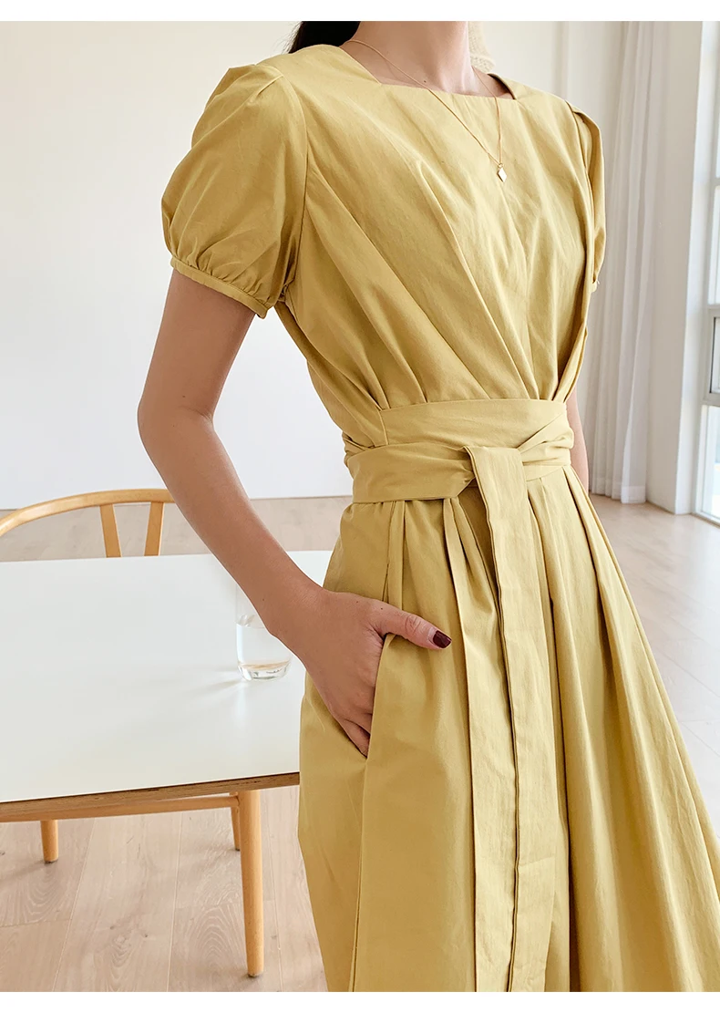 

2020 Summer New Elegant Yellow Loose Ruffled Belt Short-sleeved Ladies Dress Korean Slim High-quality Ladies Shirt Dresses T119