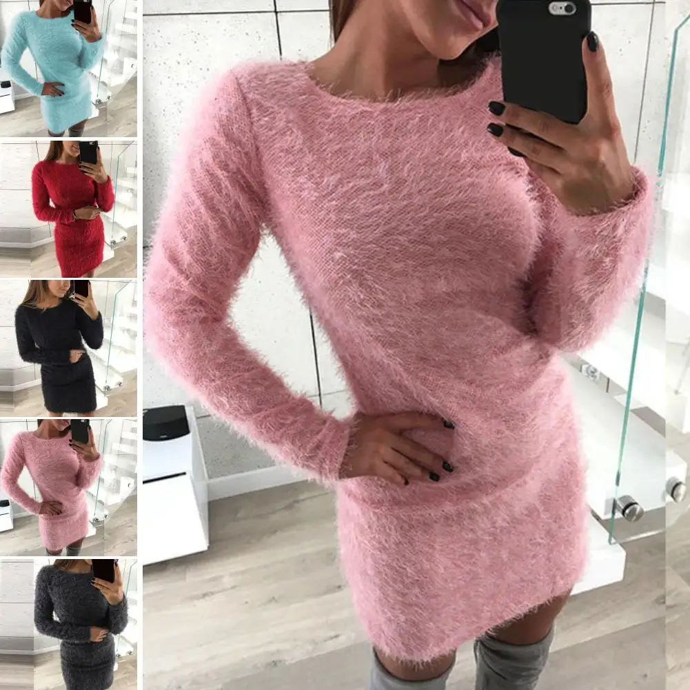 Повседневное женское осенне зимнее платье свитер с длинным рукавом и круглым