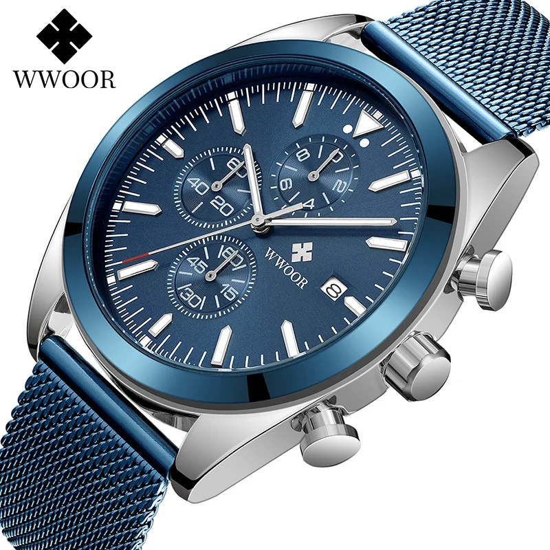 WWOOR 2021 New Fashion Blue Mens Watches Top Brand Luxury Quartz Chronograph Clock Men Waterproof Sports Watch Relogio Masculino