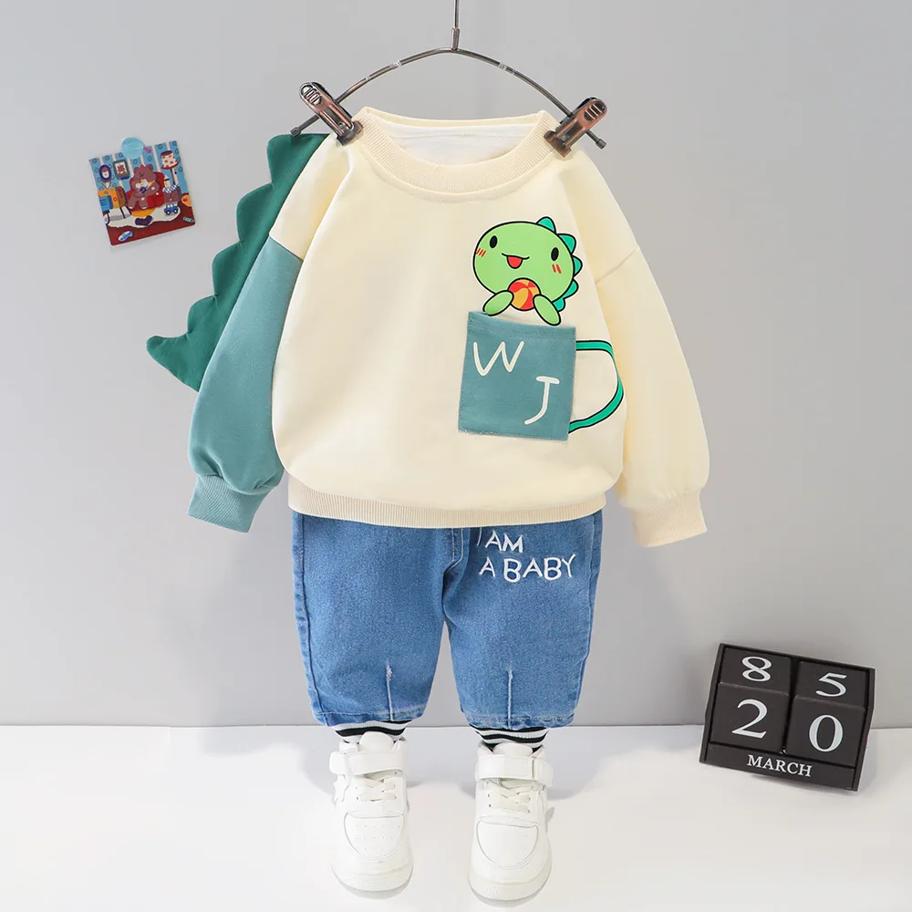 

Baby boy girl cute cartoon suit kids casual o-neck tops jeans 2pcs/set children cotton costume unisex clothes
