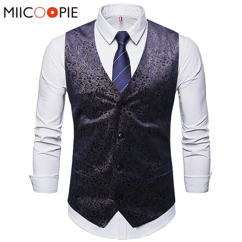 

Mens Single Breasted Waistcoat Fashion Bronzing Floral Print Wedding Dress Suit Vest Men Busienss V-Neck Sleeveless Gilet Uomo