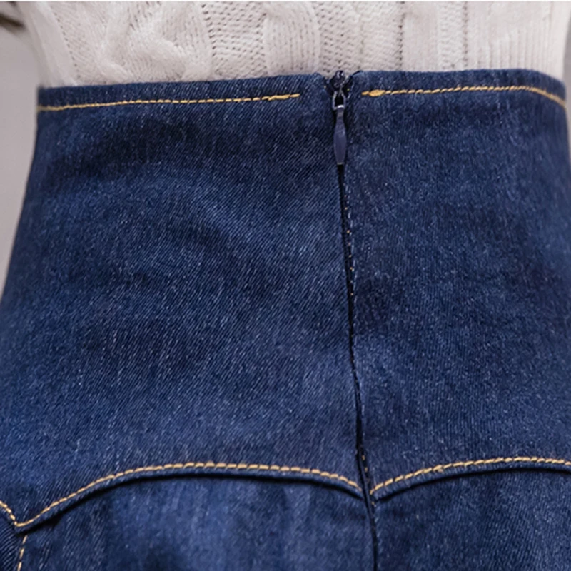 Женская джинсовая мини юбка в складку темно синяя Повседневная с высокой талией