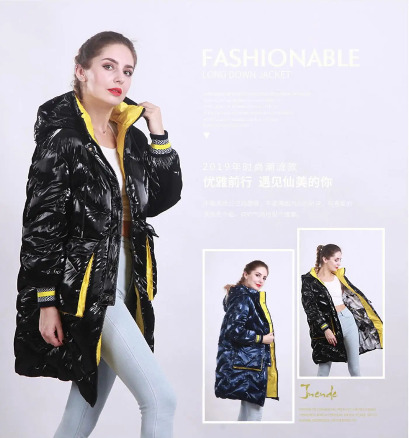 Женский Повседневный свободный пуховик с капюшоном черный синий на зиму