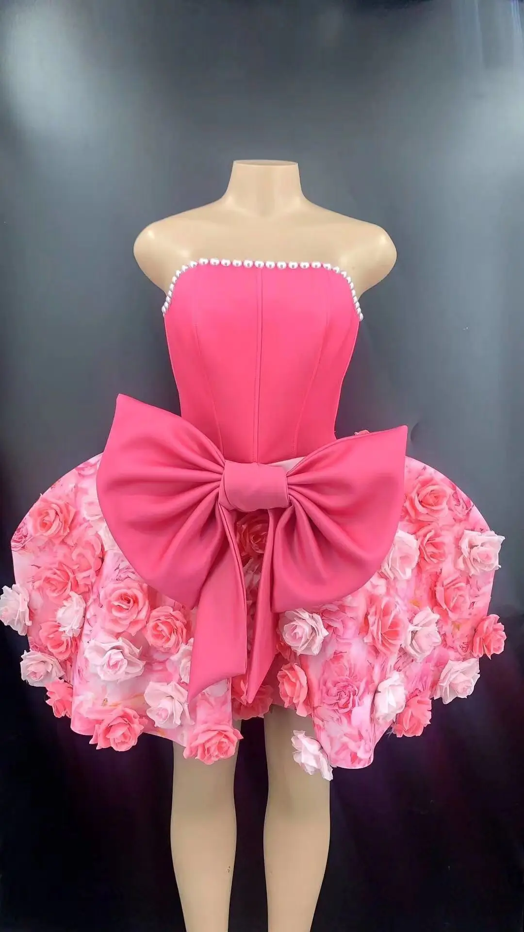 

New Spring Pink Rose Big Bow Pearl Off the Shoulder Fashion Mini Celebrate Sexy Girls' Cute Ball Gown Dress