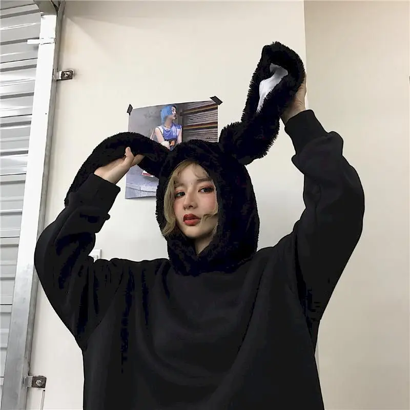 

Oversize Balck Long Hoodies Women Sweatshirt Clothes Gothic Streetwear Loose Harajuku Hooded Rabbit Ear Hooded Pullovers