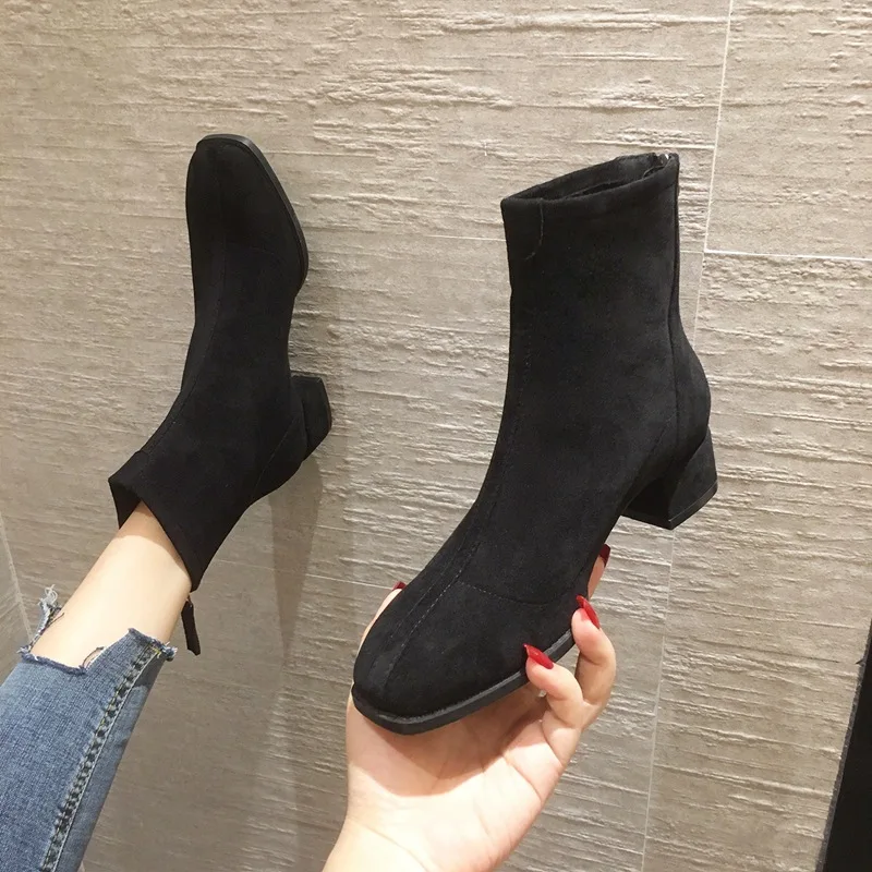 

thick heel short boots women's winter 2020 new versatile net red thin boots medium heel single boots women's high heel