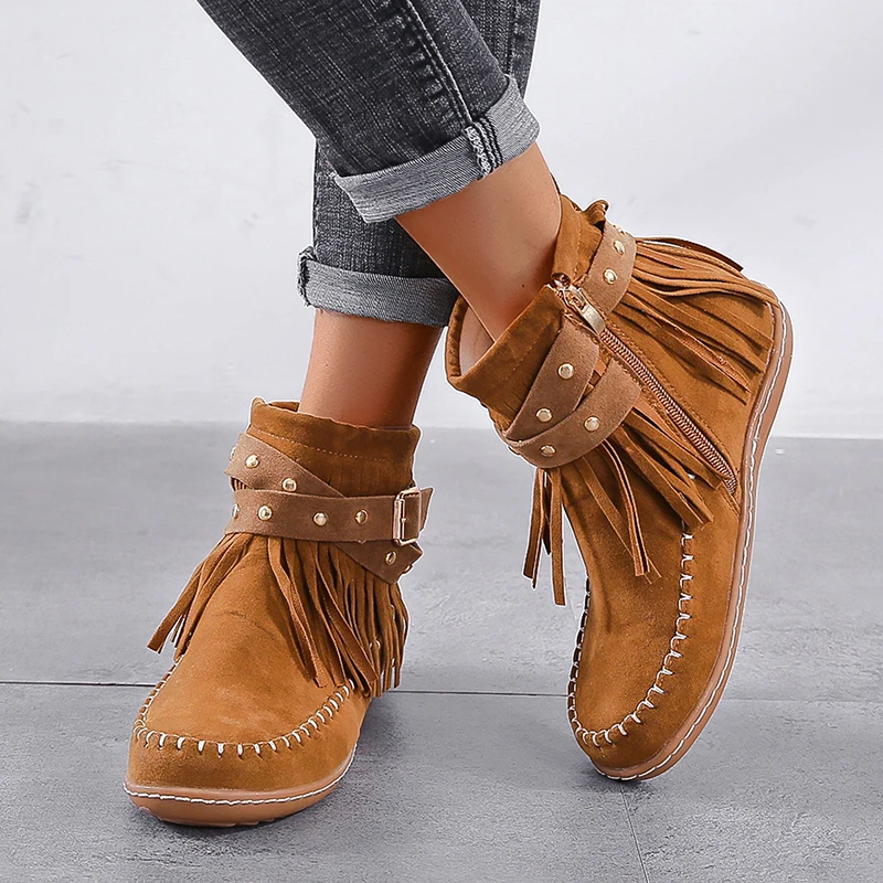 

High Quality Vintage Fringe Flock Ankle Boots Women Big Size 43 Low Heel Platform Shoes Womens Light Street Fashion Brown Short