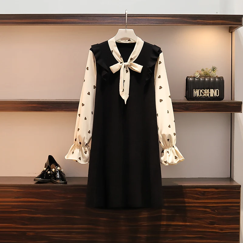 

Autumn Dress Of 2019 New Large Size And Slight Fat Sister Fashionable Slim And Fake Two Pieces Of Stitching Sweater Dress