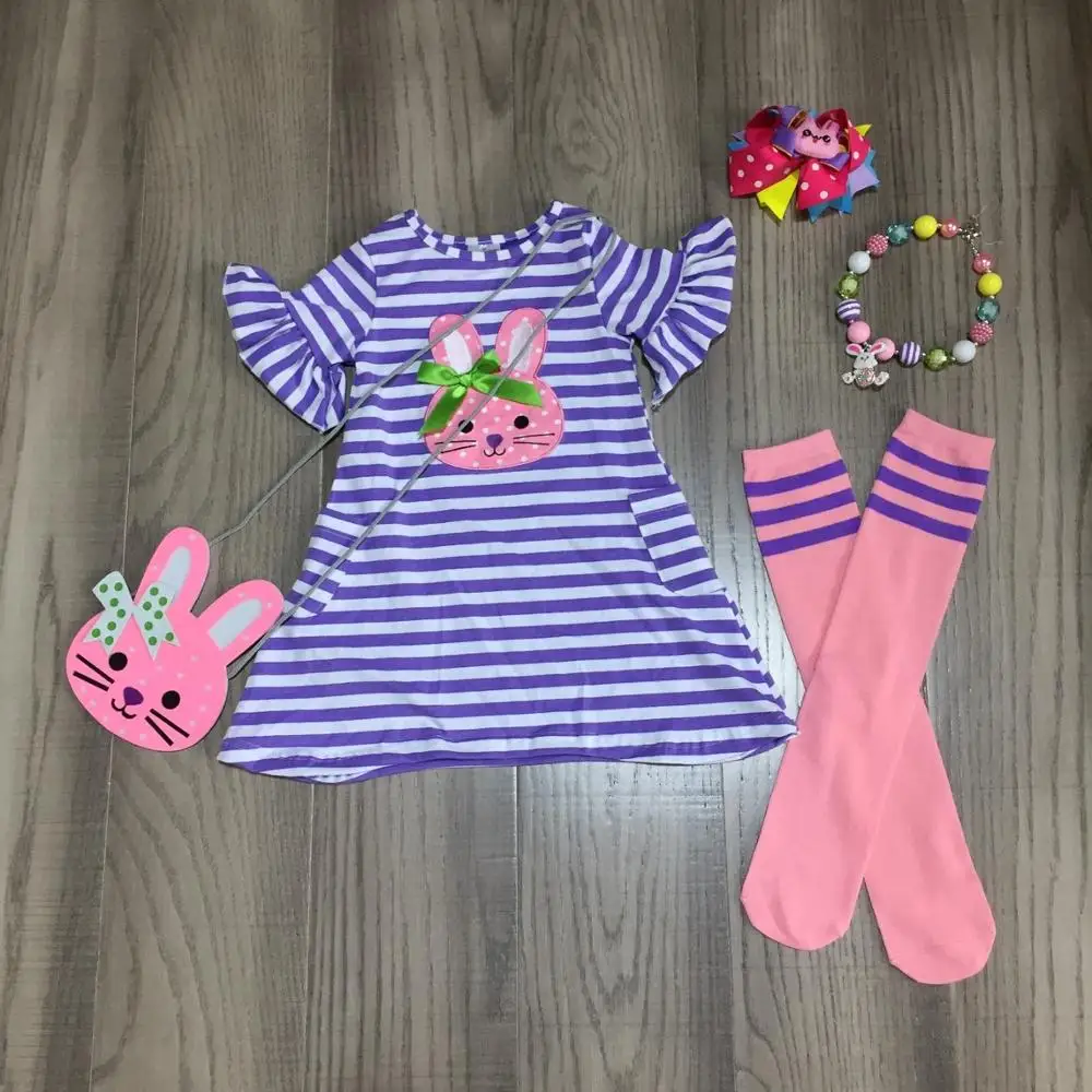 Весенняя одежда для маленьких девочек платье Лавандовая полоса кролик хлопковая