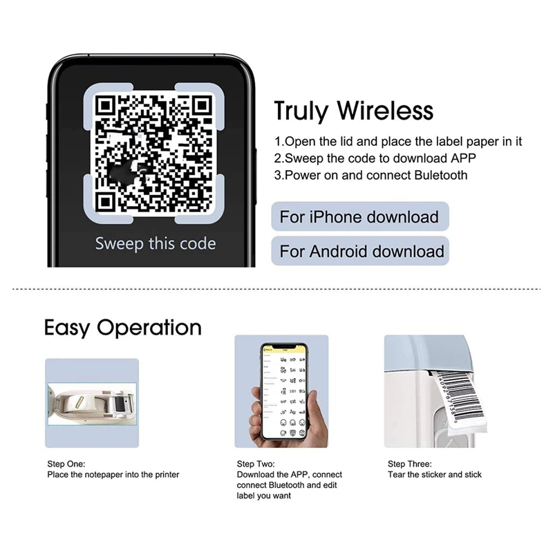 

Label Printer,Bluetooth Fast Connection Portable Wireless Thermal Printer Compatible for Android & IOS Systems